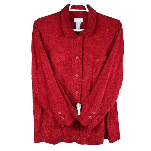 Liz & Me Womens 1X Red Jacquard Button-Front Jacket Abstract Design Art To Wear - Picture 8 of 16